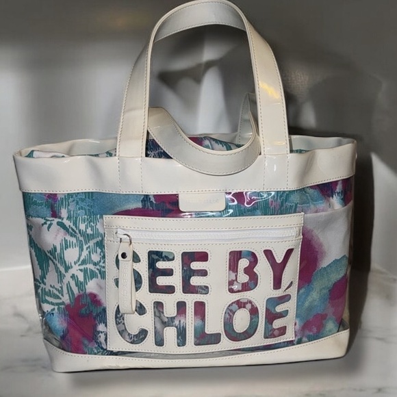 See By Chloe Multicolor Tote Bag PVC LEATHER FABRIC Floral Spring Summer Travel - Picture 1 of 12